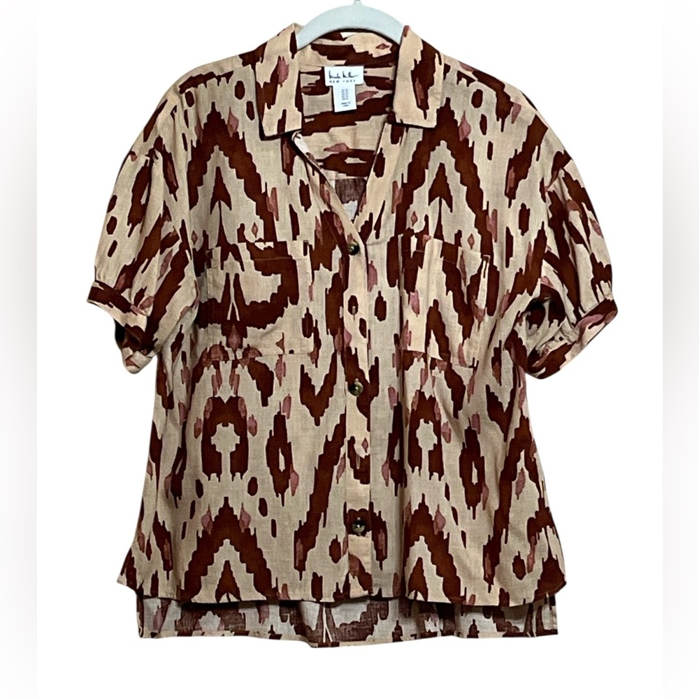 Nicole Miller SS Women’s Cream/Rust Linen Blend Camo Button Down Shirt Size M